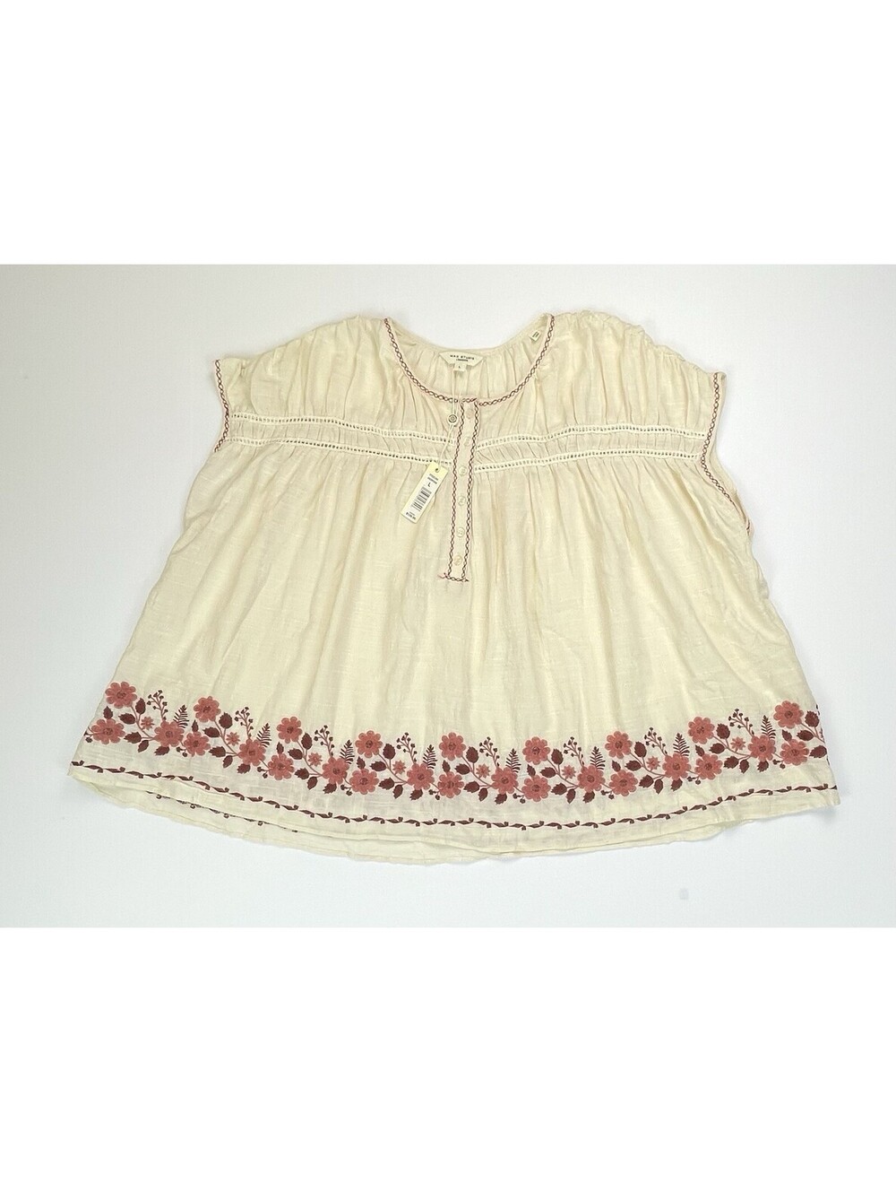 NWT Max Studio Cream Gauze Embroidered Boho Peasant Top Blouse Oversized L